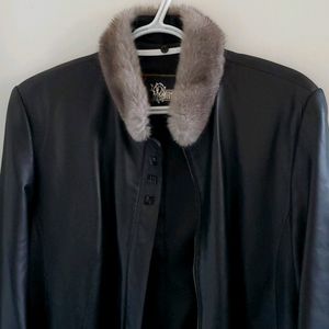 Black leather jacket with fur collar